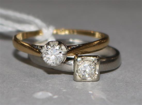 Two 18ct gold and solitaire diamond rings, one in white gold.